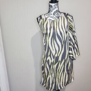Sharon Couture small gray white yellow zebra striped pattern asymmetrical dress